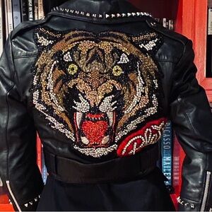 Black Studded Leather Jacket with Embellished Tiger Patch